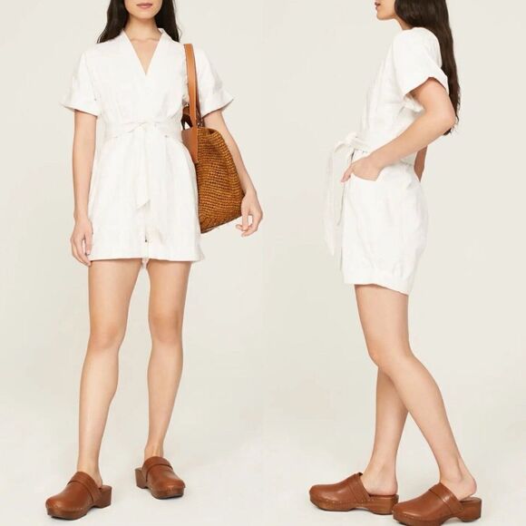 CLEOBELLA Tinsley Romper Womens Small White Checked Denim Invisible Buttons Belt - Picture 2 of 7